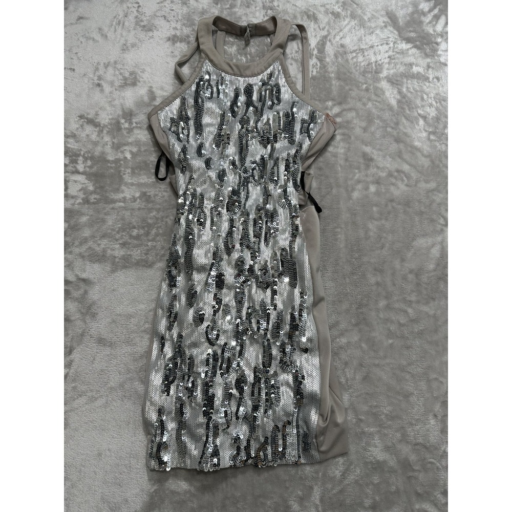 Bebe Dress Women Size XS Gray Sleeveless Stretch Sequins Loop‎ Neck See Flaw
